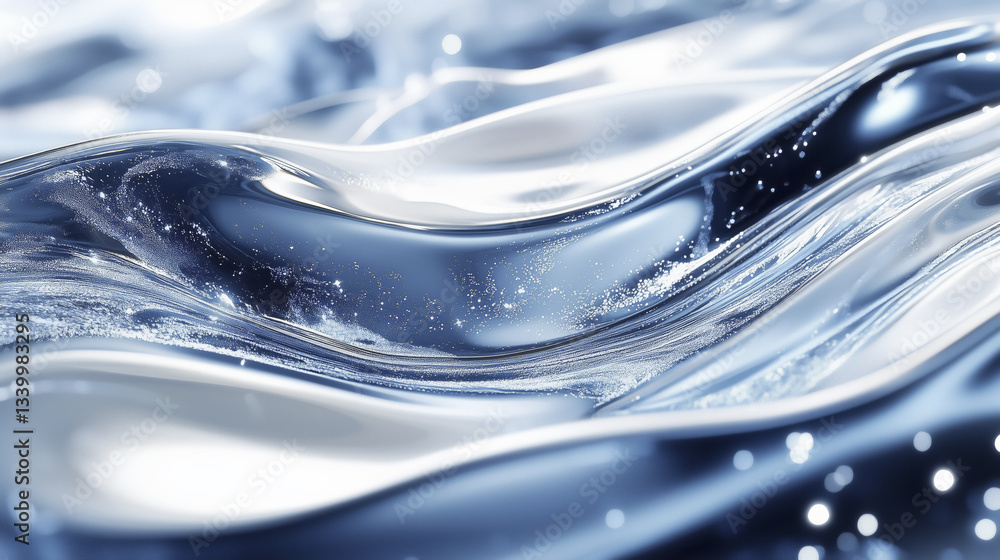 Poster smooth, abstract wave pattern in blue and silver with soft light effect creates serene and fluid vis