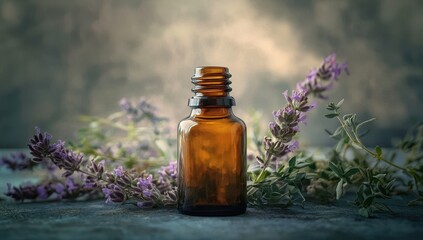 A glass bottle with aromatic lavender flowers in a soothing setting.