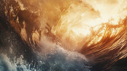 Golden hour ocean wave cresting, illuminated water photography