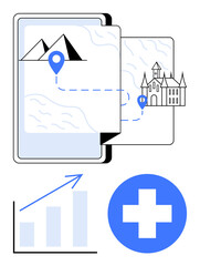 Open digital map with location path linking mountains to a building, growth chart with arrow, and healthcare cross icon. Ideal for location tracking, travel, healthcare, growth, navigation