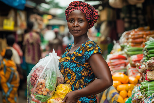 A Nigerian woman in a bustling market, dressed in vibrant Ankara fabric and a matching headwrap, carrying fresh produce. Her confident gaze reflects strength, resilience, and the essence of local trad
