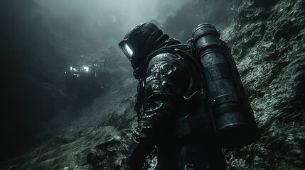 Deep-sea explorer in dark, cavernous environment