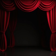 Deep crimson stage drapes, stark black setting, photography, backdrop