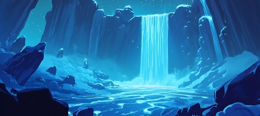 Naklejka premium Cyan Neon Waterfalls Cascading Over Jagged Cliffs Into A Glowing River With A Stunning Background.