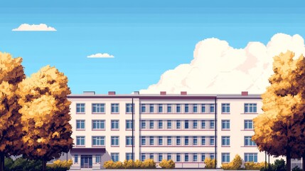 A serene school building surrounded by vibrant autumn trees under a clear blue sky