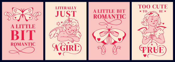 Girly and flirty t-shirt prints and posters. Vintage angel graphics, romantic butterflies, coquette positive feminine statements. Printable limited palette. Pink and cream tone aesthetic designs