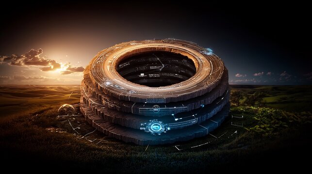 Futuristic ring of stacked wood logs, technology overlay, sunset landscape.