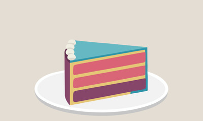 Party cake slice in plate and slice of pastry cake on plate for serving party cake pieces with 3 layered pastry, slice cake in plate side view or top corner view.