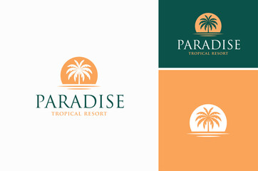 Palm Coconut Tree with Ocean Sea Water and Sunset Setting Sun for Tropical Lake Beach Resort logo design