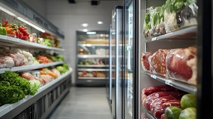 Industrial walk-in refrigerator filled with fresh produce.