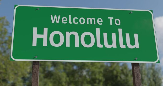 Driving By A Welcome To Honolulu, Hawaii Green Road Sign Against a Blue Sky and Clouds - United States Capital Series.