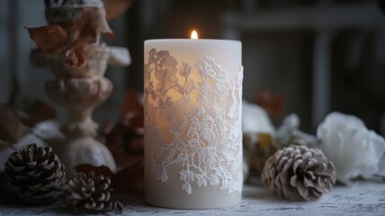 Illuminated Lace Candle Amidst Autumnal Decor