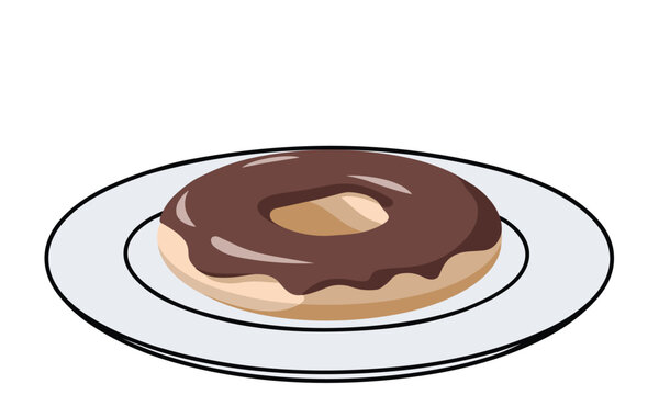 Round doughnut in plate with chocolate on top, top angle view wof rounded cake doughnut with chocolate on top and 3-4 view doughnut.