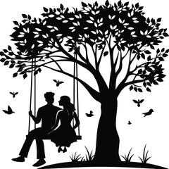 Silhouette of a Couple on a Swing Under a Tree with Birds Flying