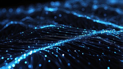 Abstract digital background featuring dynamic lines and glowing particles in varying shades of blue.