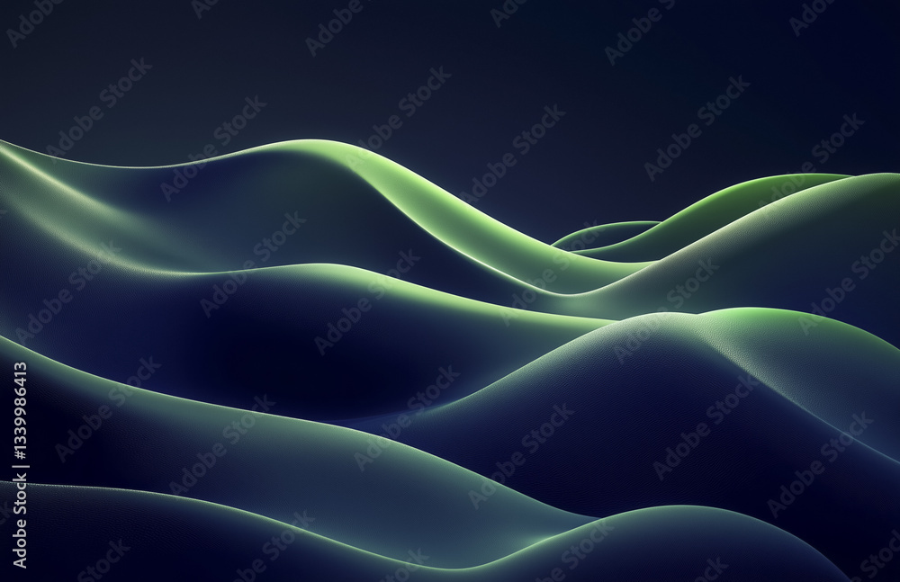 Poster smooth, abstract waves in dark blue and green gradient create serene and calming visual effect. soft