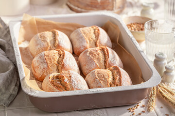 Healthy and homemade buns baked in bakehouse.