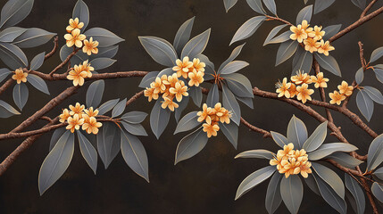 A harmonious garden scene with four blooming branches intertwined, ultra-detailed botanical illustration, soft morning light: Osmanthus branches: Grey-brown bark with dense oval leathery leaves (serra