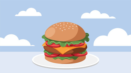 Burger on plate with cheese burger and vegetable burger with lattuce leaf in 3 layered big burger attracting and eye-catching sausage big burgers.