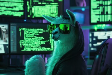 Llama in hoodie immersed in hacker aesthetic