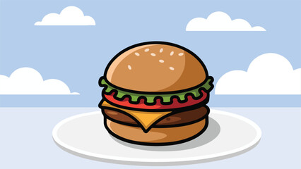 Cartoonist Burger on plate with cheese burger and vegetable burger with lattuce leaf in 3 layered big burger and eye-catching sausage big burgers.