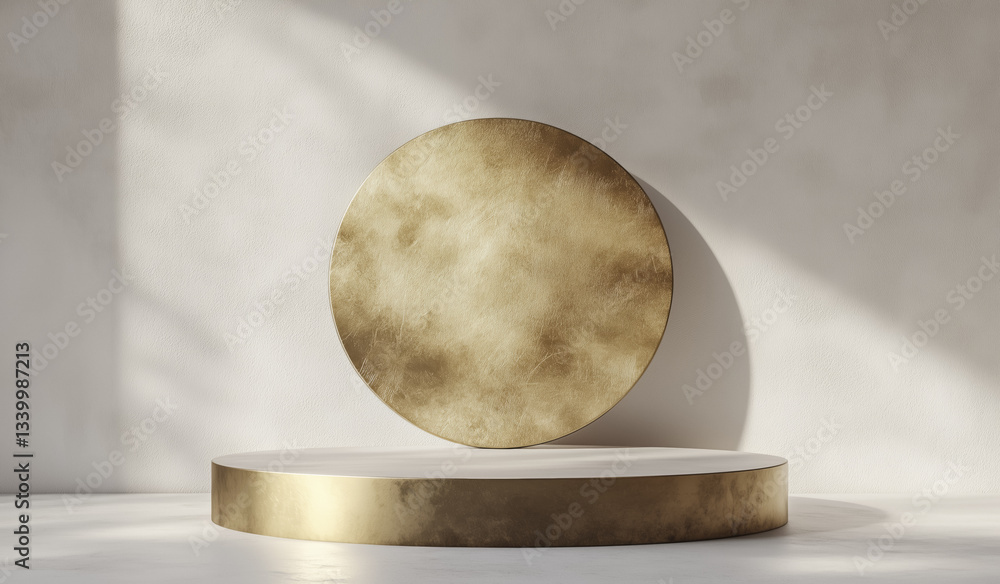 Poster minimalist scene featuring round, gold metallic platform and backdrop on plain white background, ide