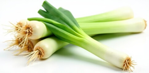 Obraz premium Bundle of fresh leeks, roots visible, crisp white backdrop, nature, fresh, closeup