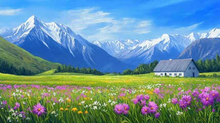 Fototapeta premium Serene mountain landscape with a vibrant flower field and a quaint house under a clear blue sky