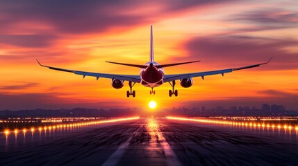 Fototapeta premium Sunset Airplane Landing: A Breathtaking View of a Jetliner Touching Down on a Runway at Dusk