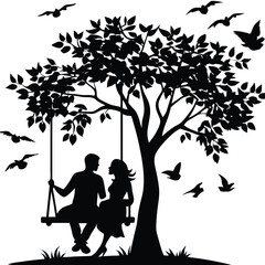 couple sitting on a swing trees filled with hearts black silhouette