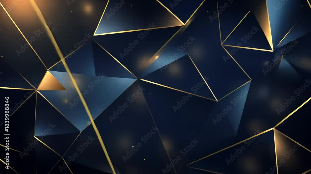 Poster Abstract geometric design with dark blue and gold accents.  Interconnected polygons create a complex, dynamic structure