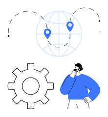 Man pondering next steps in global strategy with world map, location pins, and gear imagery. Ideal for innovation, logistics, planning, teamwork, problem-solving, decision-making global reach flat