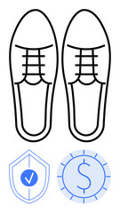 Pair of formal shoes with outlined details, blue shield with checkmark and dollar icon. Ideal for quality assurance, reliability, financial safety, warranty, durability, security branding. Flat
