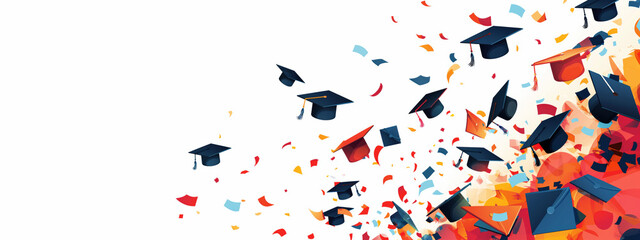 Celebratory Vector Background Featuring Dynamic Educational Motifs of Graduation Caps and Diplomas on a Clean White Backdrop