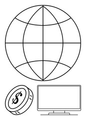 World globe, computer monitor, and dollar coin metaphor for global business and technology integration. Ideal for finance, international trade, e-commerce, digital marketing, economic growth