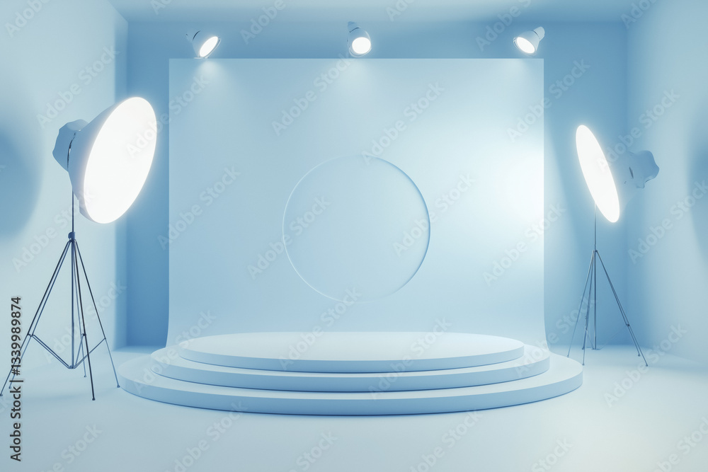 Poster minimalist white and light blue studio with circular platform and soft lighting creates serene atmos