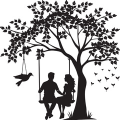 Silhouette of a Couple Sitting on a Swing Underneath a Tree