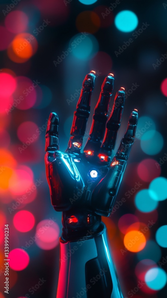Poster robotic hand with neon lights against bokeh background. futuristic technology concept