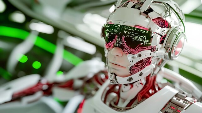 Futuristic robot head and upper torso close-up,  displaying intricate mechanical details and glowing circuits.
