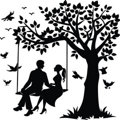 Silhouette of a Couple on a Swing Under a Tree