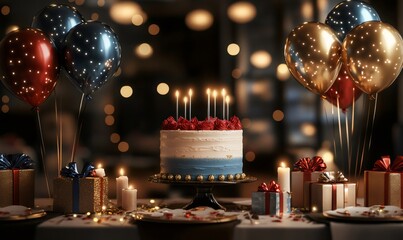 Birthday cake with lit candles sits on a decorated table with balloons, gifts, and confetti, creating a festive atmosphere