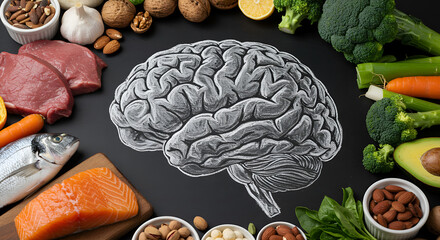 Healthy Brain Food Concept – Chalk Drawing with Nutrient-Rich Foods

