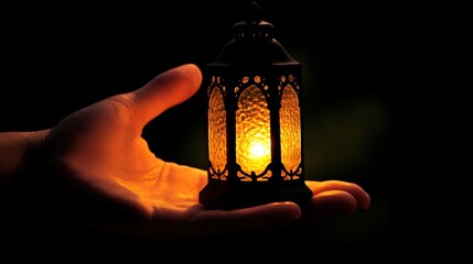 A small ornate lantern held gently in an open palm