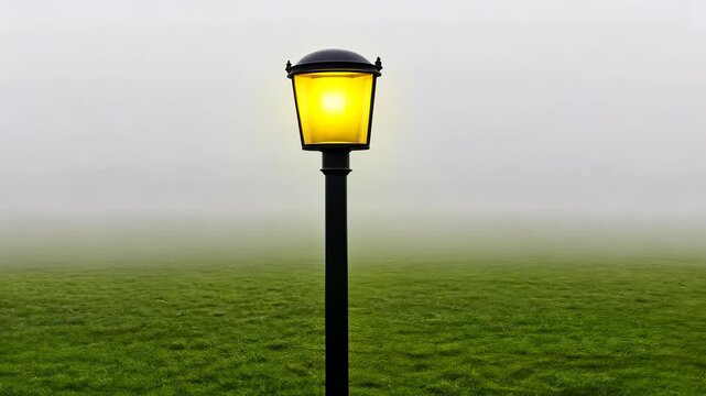 lonely lamppost in a foggy green field