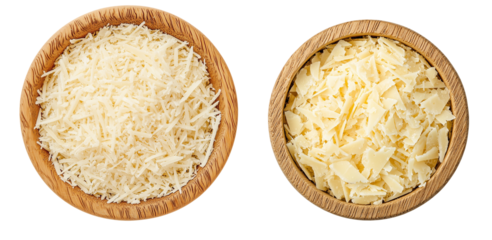 Shredded and Shaved Parmesan Cheese in Round Wooden Bowls on Transparent Background, Italian Dairy Ingredient for Cooking and Garnishing