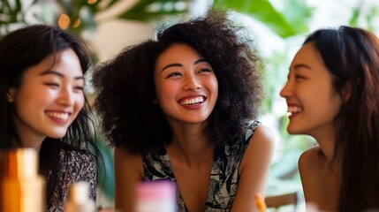 Obraz premium Japanese women of diverse backgrounds enjoying lively conversation about skincare and beauty products highlighting their natural beauty and positive vibes