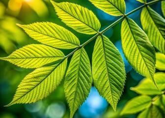 Fototapeta na wymiar Close-up of Fresh Green Ash Tree Leaves, Detailed Texture and Veins, Natural Sunlight, Vibrant Foliage