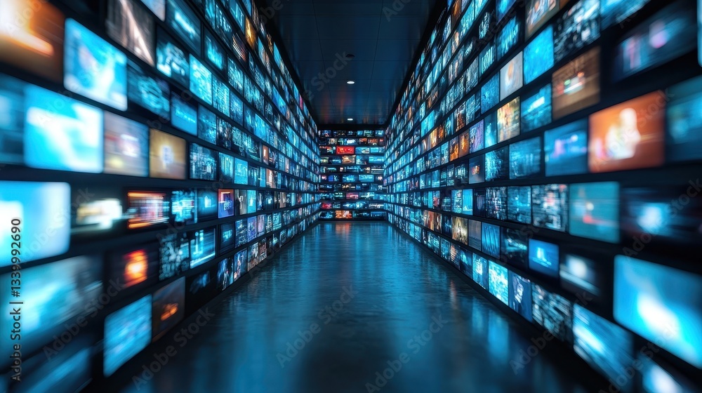 Poster a long hall with many monitors displaying screens with motion blur. it shows modern technology, visu