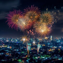 Obraz premium Spectacular Night Fireworks Display Over a City Skyline with Colorful Explosions Illuminating the Night