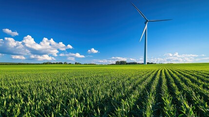 Serene Green Field with Wind Turbine under a Blue Sky
